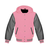 Baby Pink Wool and Grey Leather Hooded Varsity Jacket