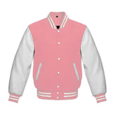 Baby Pink Wool and White Leather Varsity Jacket