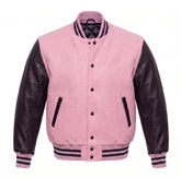 Baby Pink and Black Varsity Jacket with Wool Body and Leather Sleeves