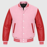 Baby pink melton wool letterman jacket with red leather sleeves, front view