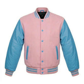 Baby Pink and Sky Blue Varsity Jacket with Wool Body and Leather Sleeves