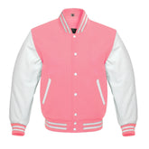 Baby Pink and White Varsity Jacket with Wool Body and Leather Sleeves