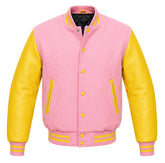 Baby pink melton wool letterman jacket with yellow leather sleeves, front view