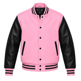 Baby Pink and Black Varsity Jacket with Wool Body and Leather Sleeves