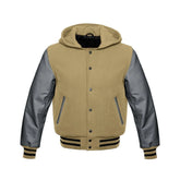 Beige Wool and Grey Leather Hooded Varsity Jacket