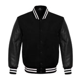 Black Varsity Jacket having White Trims with Wool Body and Leather Sleeves