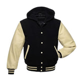 Black Wool and Cream Leather Hooded Varsity Jacket