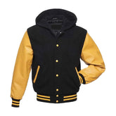 Black Wool and Gold Leather Hooded Varsity Jacket