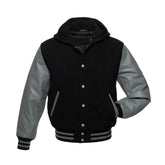Black Wool and Grey Leather Hooded Varsity Jacket