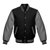 Black and Grey Varsity Jacket with Wool Body and Leather Sleeves