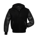 Black Wool and Leather Hooded Varsity Jacket