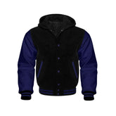 Black Wool and Navy Leather Hooded Varsity Jacket