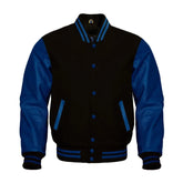 Black and Navy Varsity Jacket with Wool Body and Leather Sleeves