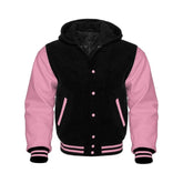 Black Wool and Pink Leather Hooded Varsity Jacket