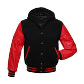 Black Wool and Red Leather Hooded Varsity Jacket
