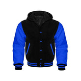 Black Wool and Royal Blue Leather Hooded Varsity Jacket
