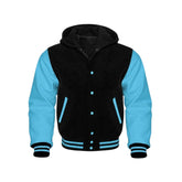 Black Wool and Sky Blue Leather Hooded Varsity Jacket