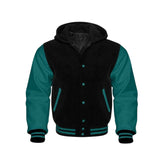 Black Wool and Teal Leather Hooded Varsity Jacket