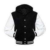 Black Wool and White Leather Hooded Varsity Jacket