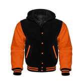Black Wool and Orange Leather Hooded Varsity Jacket