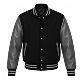 Black and Grey Varsity Jacket with Wool Body and Leather Sleeves