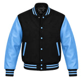 Black and Sky Blue Varsity Jacket with Wool Body and Leather Sleeves