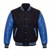 Black and Cobalt Blue Varsity Jacket with Wool Body and Leather Sleeves