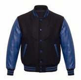 Black and Collegiate Blue Varsity Jacket with Wool Body and Leather Sleeves