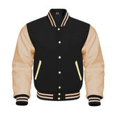 Black and Cream Varsity Jacket with Wool Body and Leather Sleeves