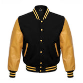 Black and Gold Varsity Jacket with Wool Body and Leather Sleeves