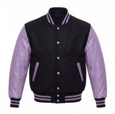 Black and Lavender Varsity Jacket with Wool Body and Leather Sleeves