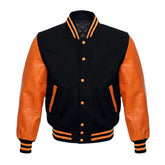 Black and Orange Varsity Jacket with Black Wool Body and Orange Leather Sleeves