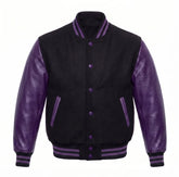 Black and Purple Varsity Jacket with Wool Body and Leather Sleeves