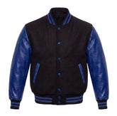 Black and Royal Blue Varsity Jacket with Wool Body and Leather Sleeves