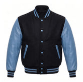 Black and Sky Blue Varsity Jacket with Wool Body and Leather Sleeves
