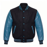 Black and Teal Varsity Jacket with Wool Body and Leather Sleeves