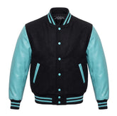 Black and Tiffany Varsity Jacket with Wool Body and Leather Sleeves