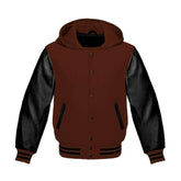 Brown Wool and Black Leather Hooded Varsity Jacket