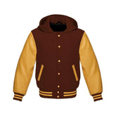Brown Wool and Gold Leather Hooded Varsity Jacket