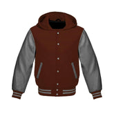 Brown Wool and Grey Leather Hooded Varsity Jacket