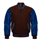 Brown and Navy Varsity Jacket with Wool Body and Leather Sleeves
