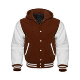 Brown Wool and White Leather Hooded Varsity Jacket