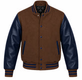 Brown and Navy Blue Varsity Jacket with Wool Body and Leather Sleeves
