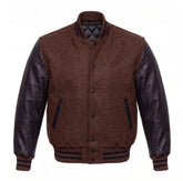 Brown and Black Varsity Jacket with Wool Body and Leather Sleeves