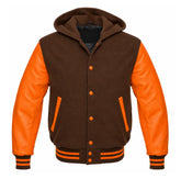 Brown and Orange Hooded Varsity Jacket