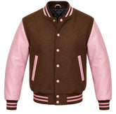Brown melton wool varsity jacket with pink leather sleeves, front view