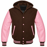 Brown and Pink Varsity Jacket with Hood