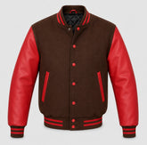 Brown melton wool varsity jacket with red leather sleeves, front view