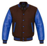 Brown melton wool varsity jacket with royal blue leather sleeves, front view