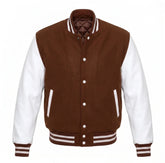 Brown and White Varsity Jacket with Wool Body and Leather Sleeves